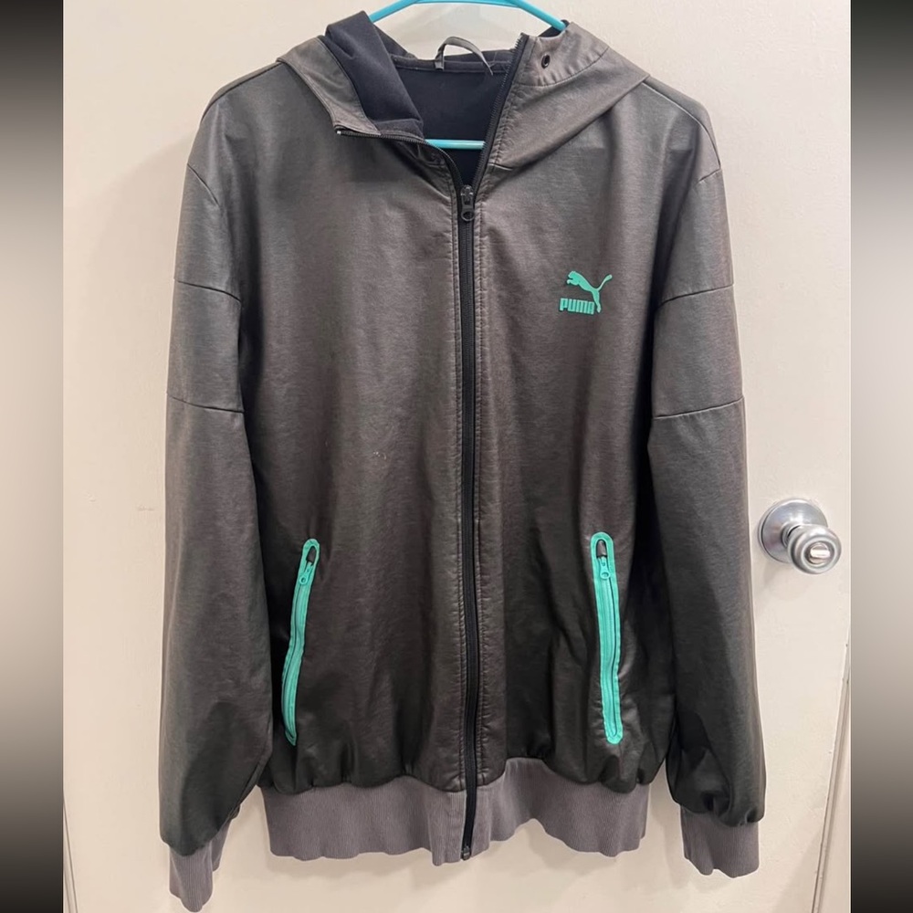 Puma Black Hoodie with Teal Logo and Zipper Accents